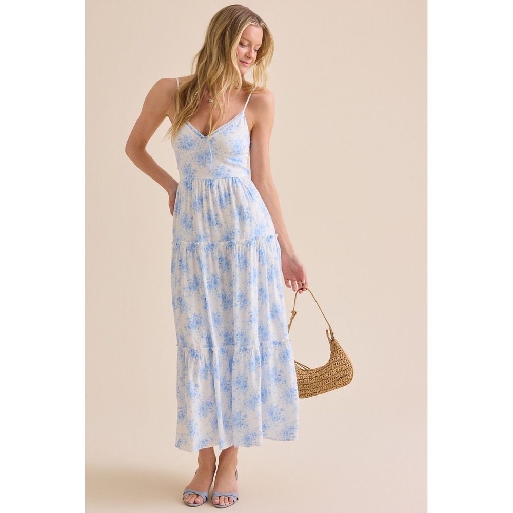 Altar'd State Blue Floral Toile Tiered Maxi Dress V-Neck Size XL